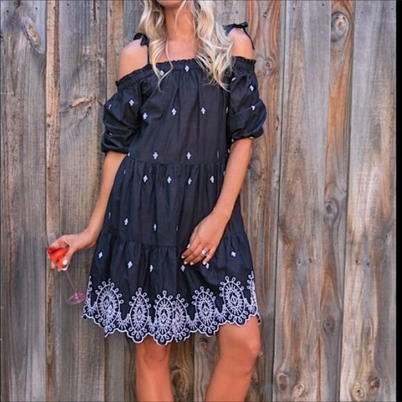 H&M BLACKWHITE EMBROIDERED OFF THE SHOULDER DRESS - Picture 1 of 16